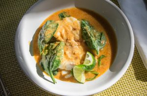 Pan- roasted cod in spicy Thai broth